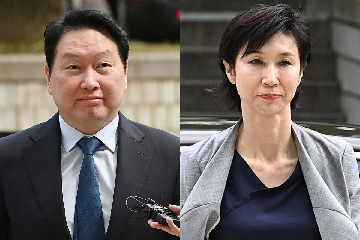 최태원 SK그룹 회장(왼쪽)과 노소영 아트센터 나비 관장이 지난 6월 26일 서울고등법원에서 열린 재산분할 파기환송심 2차 변론기일에 출석하고 있다. 사진=박정훈 기자