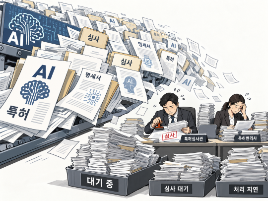 AI 관련 특허 출원과 심사 수요가 늘면서 심사 적체와 전문인력 부족에 대한 우려가 커지고 있다. 그래픽=챗GPT 생성